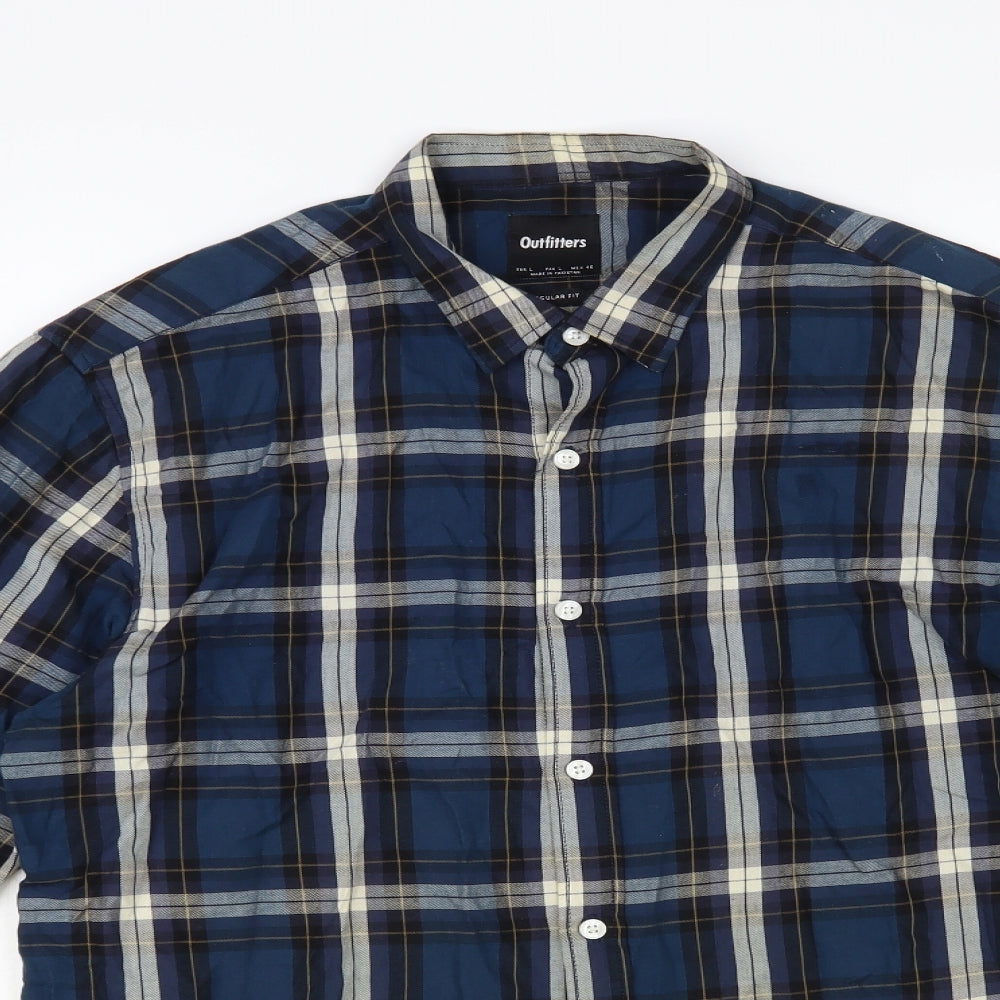 Outfitters Mens Blue Plaid Cotton Button-Up Size L Collared Button
