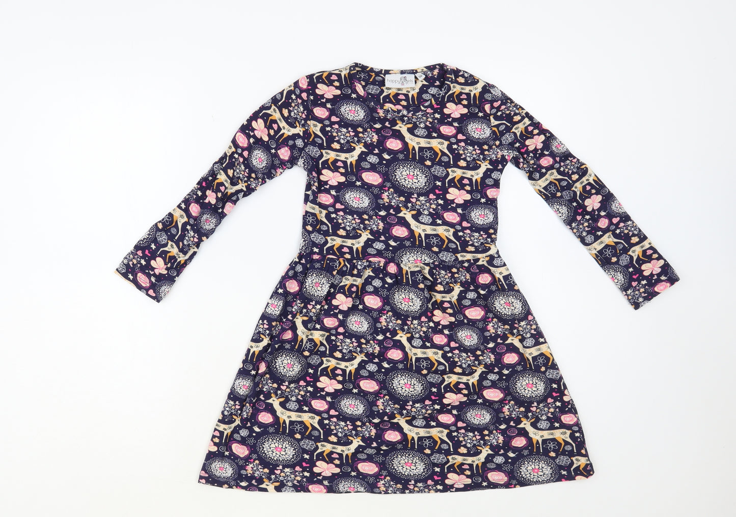 Happy Girls Girls Multicoloured Geometric Cotton T-Shirt Dress Size 7 Years Crew Neck Pullover - Deer