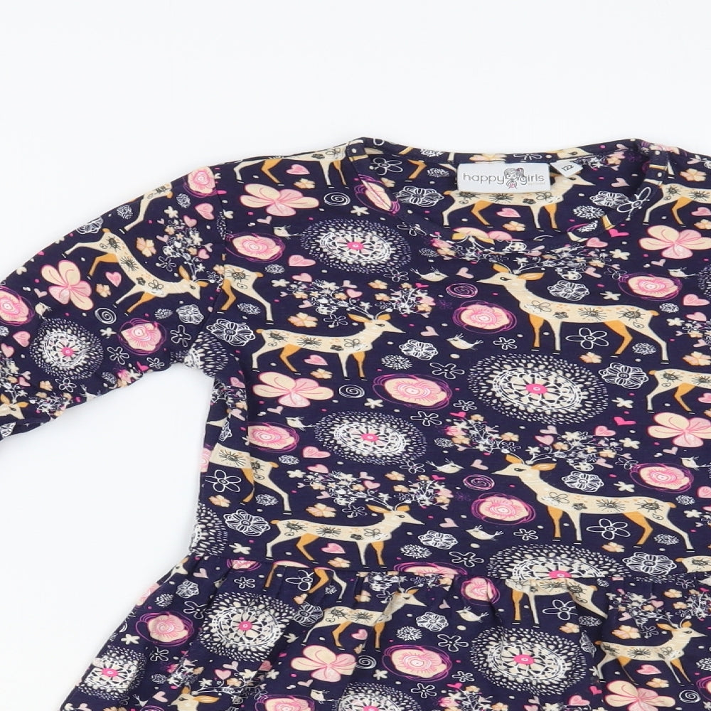 Happy Girls Girls Multicoloured Geometric Cotton T-Shirt Dress Size 7 Years Crew Neck Pullover - Deer