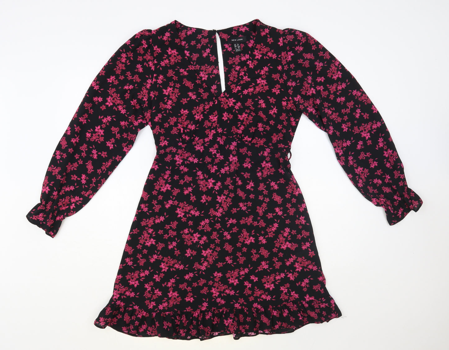 New Look Womens Black Floral Polyester Fit & Flare Size 12 V-Neck Button
