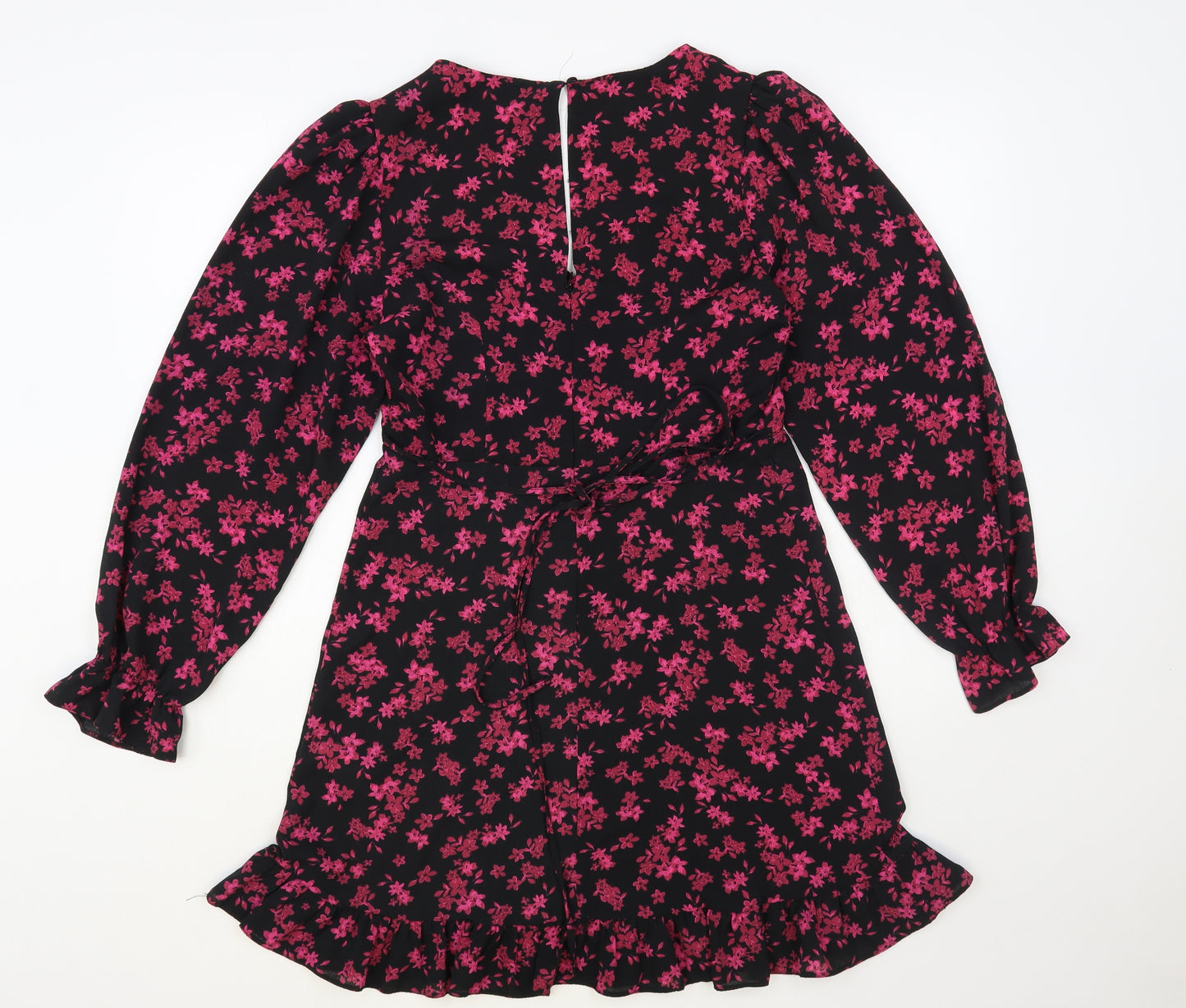 New Look Womens Black Floral Polyester Fit & Flare Size 12 V-Neck Button