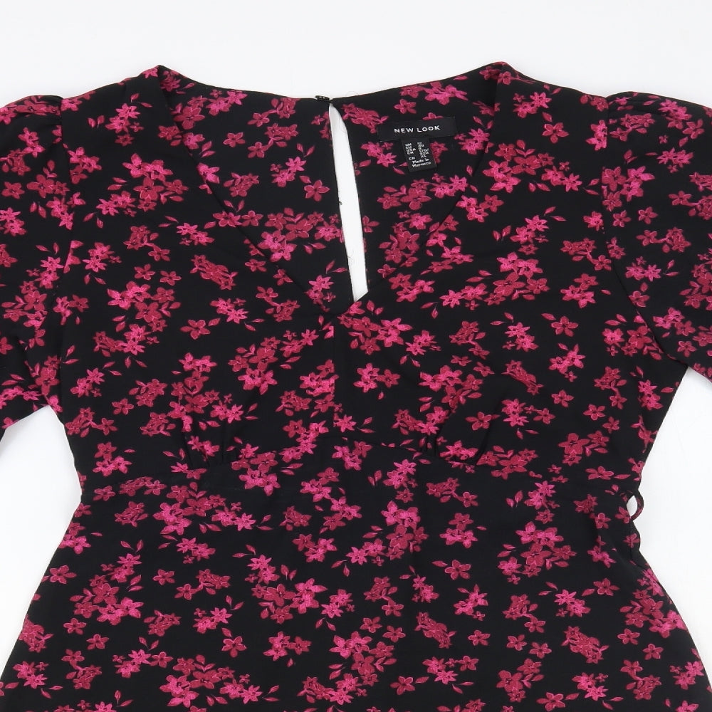 New Look Womens Black Floral Polyester Fit & Flare Size 12 V-Neck Button