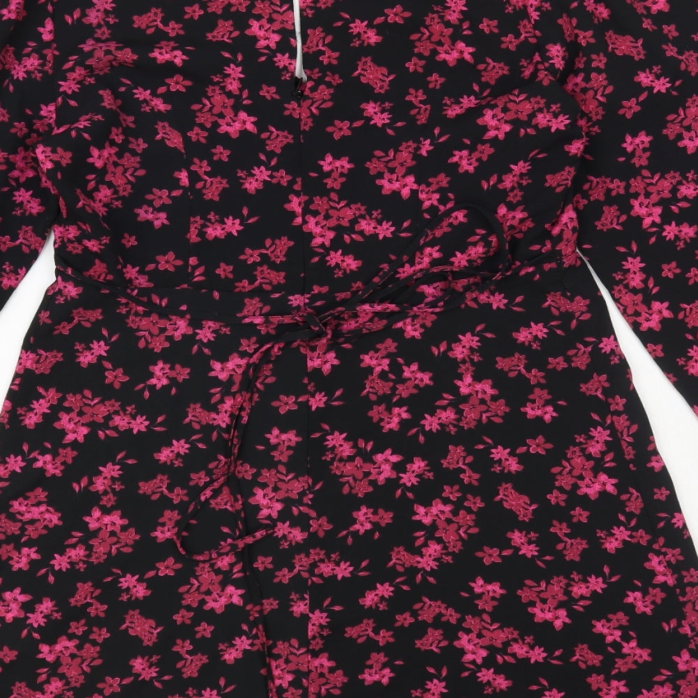 New Look Womens Black Floral Polyester Fit & Flare Size 12 V-Neck Button