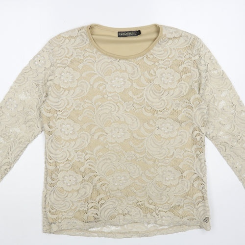 Paramour Womens Beige Floral Nylon Basic Blouse Size L Round Neck - Lace Overlay