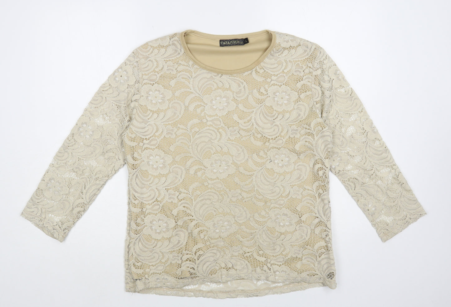Paramour Womens Beige Floral Nylon Basic Blouse Size L Round Neck - Lace Overlay