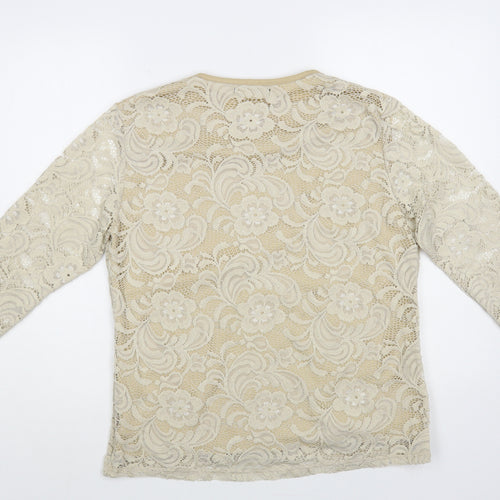 Paramour Womens Beige Floral Nylon Basic Blouse Size L Round Neck - Lace Overlay