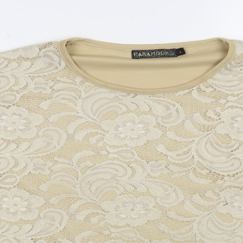 Paramour Womens Beige Floral Nylon Basic Blouse Size L Round Neck - Lace Overlay