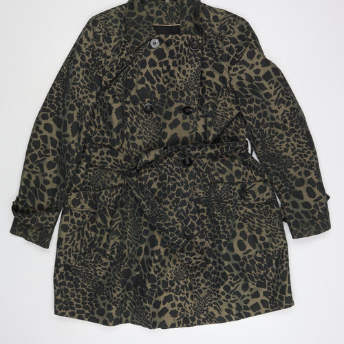 EWM Womens Brown Animal Print Trench Coat Coat Size 16 Button