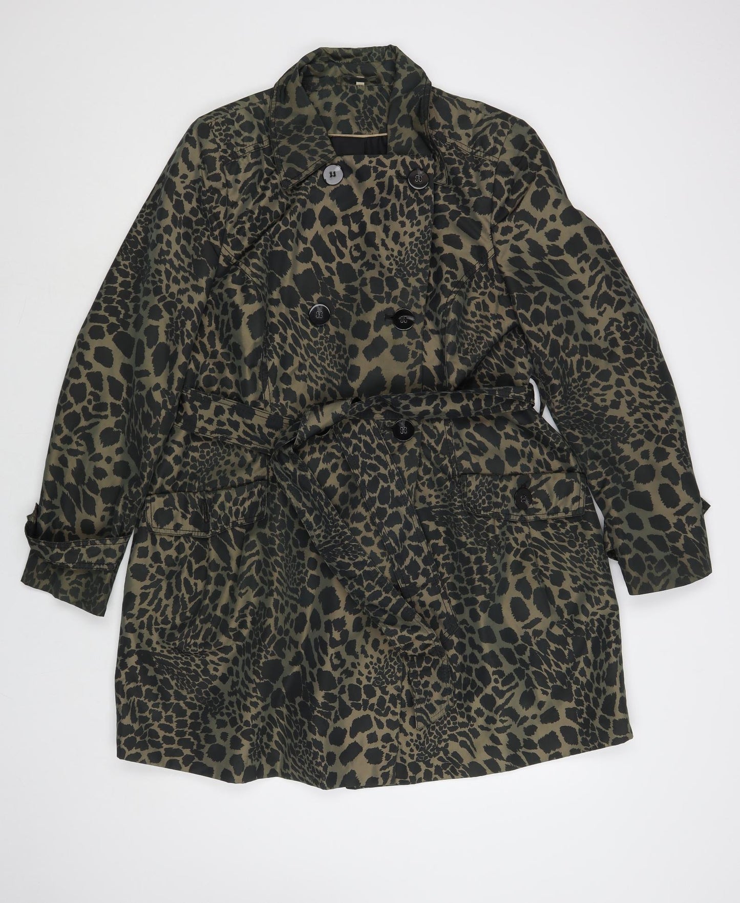 EWM Womens Brown Animal Print Trench Coat Coat Size 16 Button