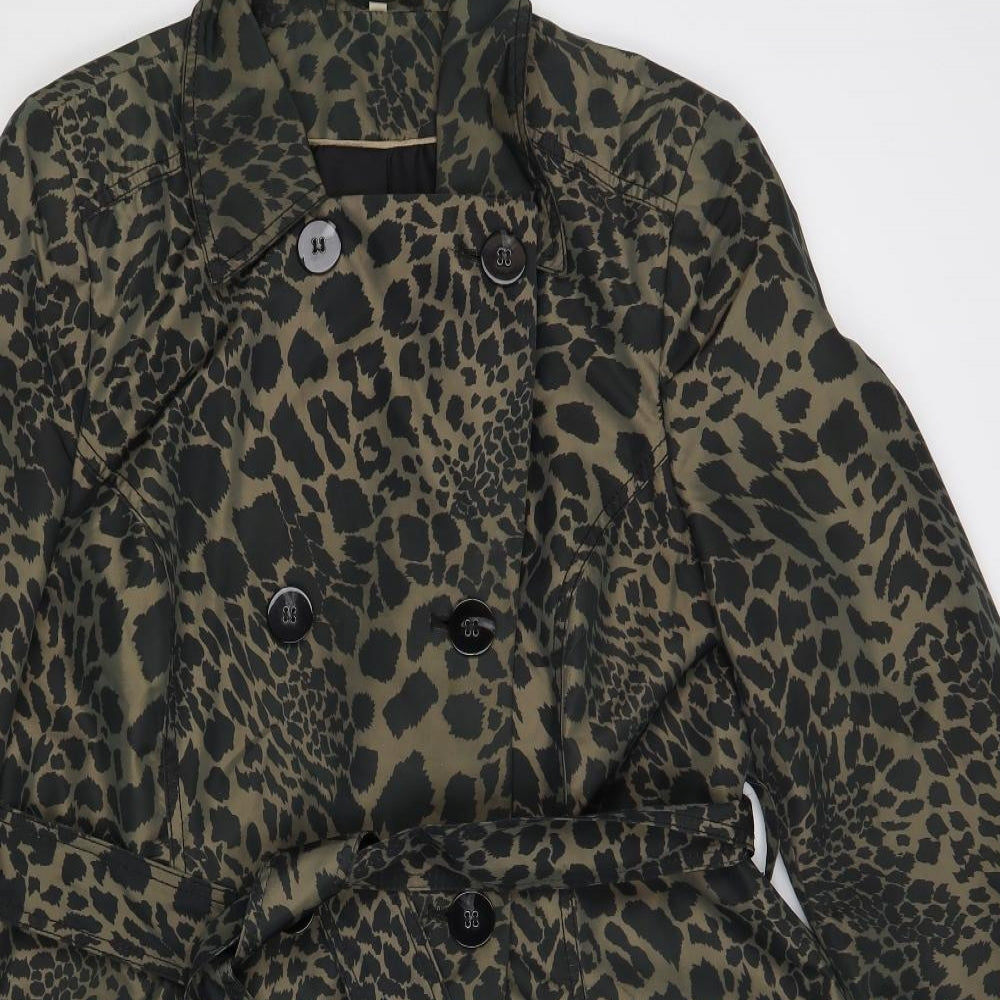 EWM Womens Brown Animal Print Trench Coat Coat Size 16 Button