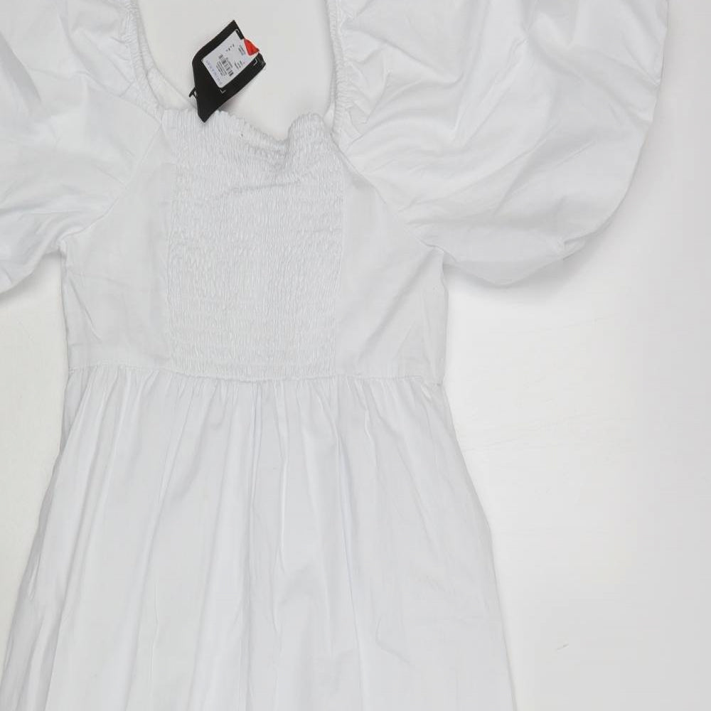Primark Womens White Cotton A-Line Size 8 Square Neck Pullover - Puff Sleeves