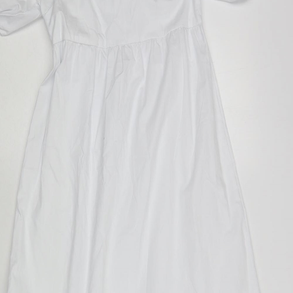 Primark Womens White Cotton A-Line Size 8 Square Neck Pullover - Puff Sleeves