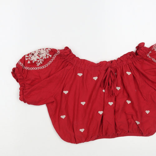 Topshop Womens Red Geometric Cotton Cropped Blouse Size 8 Off the Shoulder - Heart Pattern