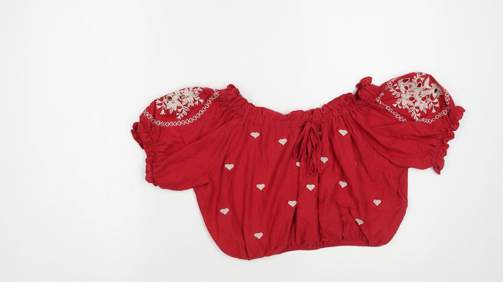 Topshop Womens Red Geometric Cotton Cropped Blouse Size 8 Off the Shoulder - Heart Pattern