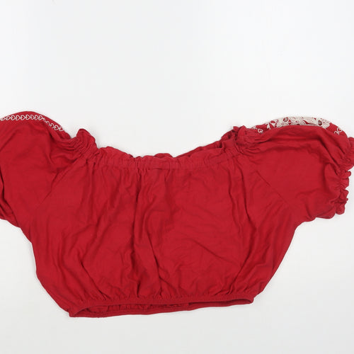 Topshop Womens Red Geometric Cotton Cropped Blouse Size 8 Off the Shoulder - Heart Pattern