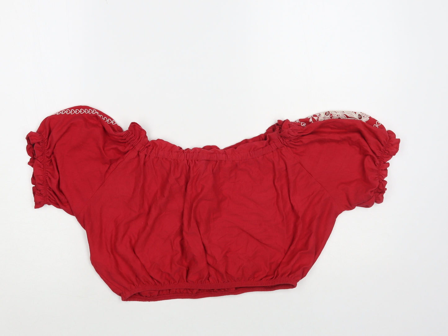 Topshop Womens Red Geometric Cotton Cropped Blouse Size 8 Off the Shoulder - Heart Pattern