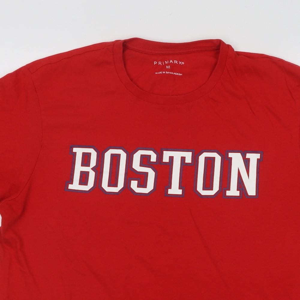 Primark Womens Red Cotton Basic T-Shirt Size M Round Neck - Boston