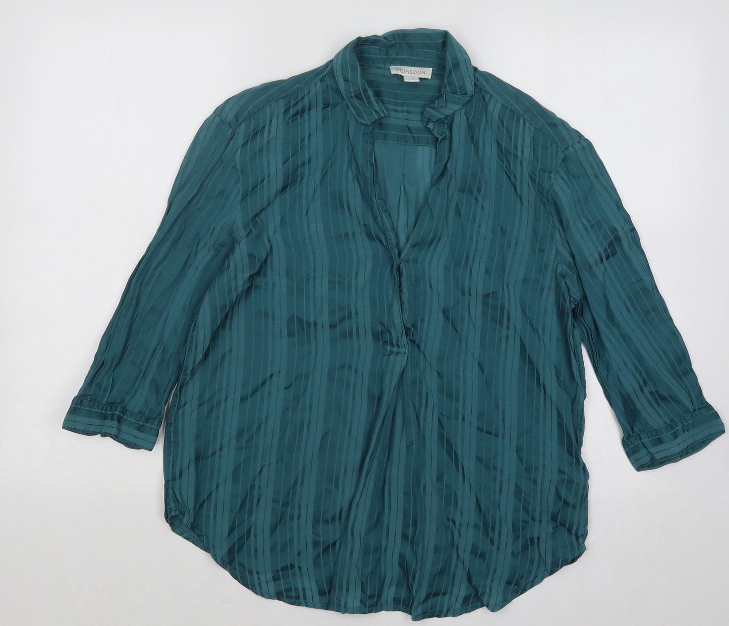 Monsoon Womens Green Striped Viscose Basic Blouse Size 12 V-Neck