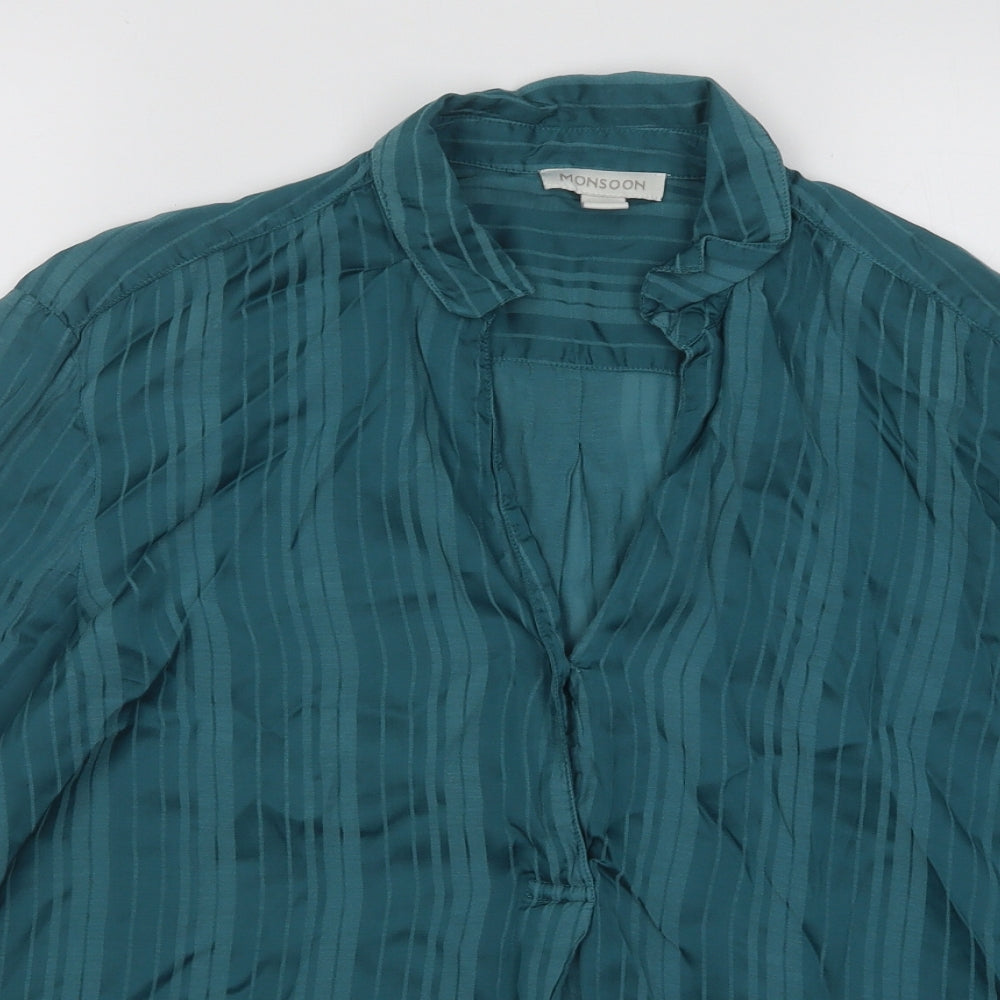 Monsoon Womens Green Striped Viscose Basic Blouse Size 12 V-Neck