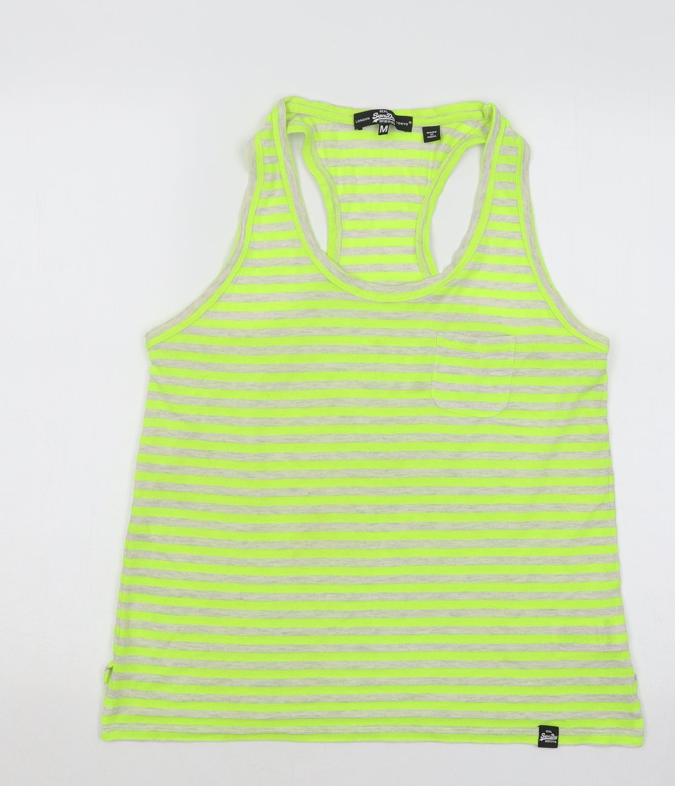 Superdry Womens Green Striped Cotton Basic Tank Size M Round Neck