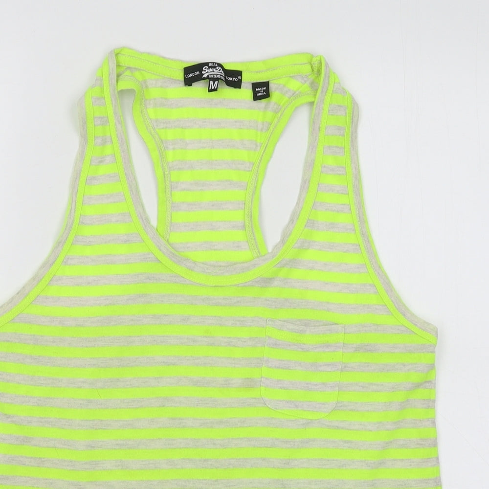 Superdry Womens Green Striped Cotton Basic Tank Size M Round Neck