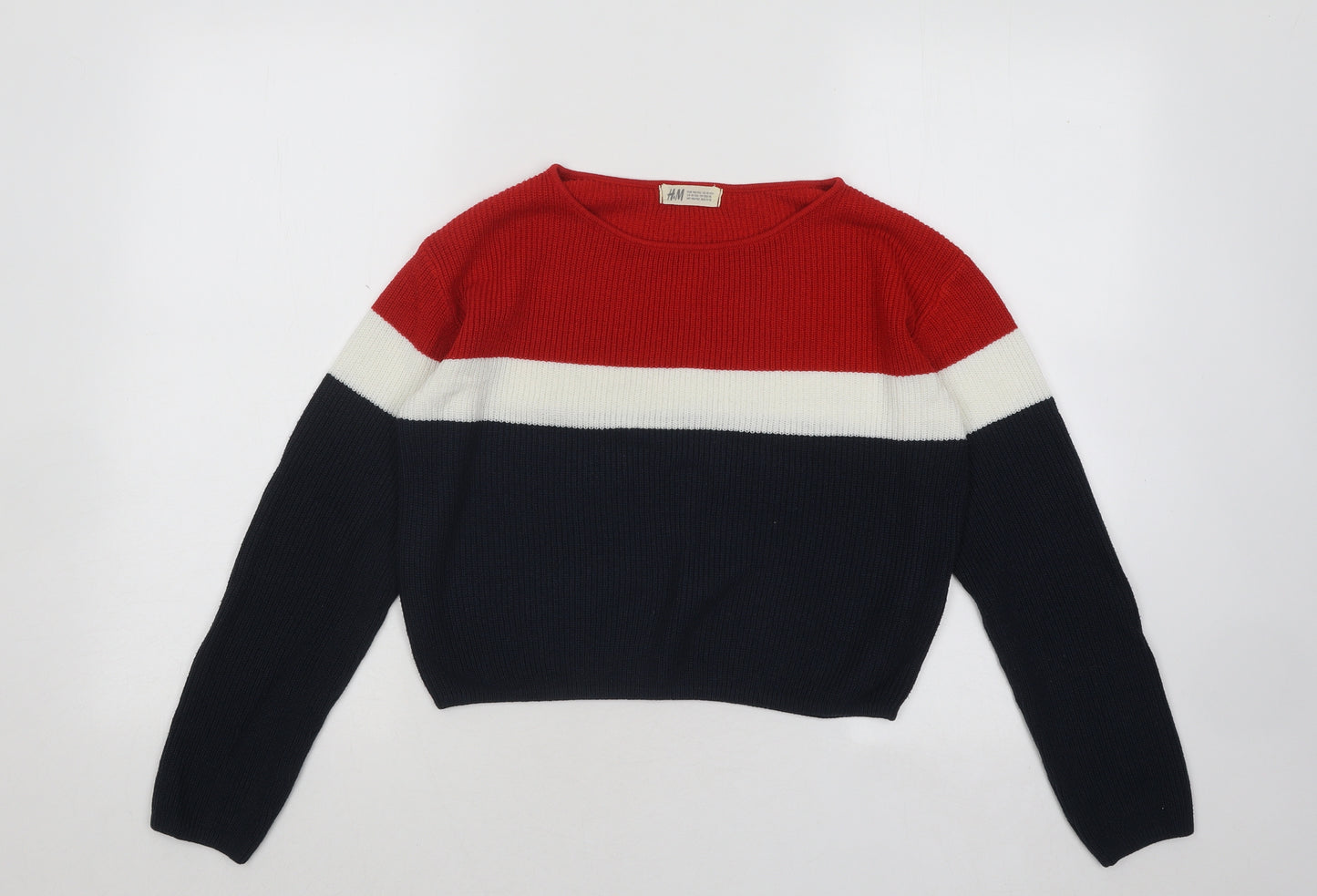 H&M Girls Multicoloured Round Neck Colourblock Acrylic Pullover Jumper Size 11-12 Years Pullover
