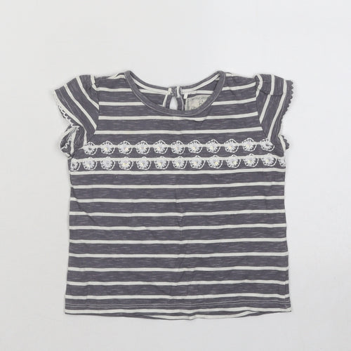 NEXT Girls Grey Striped Cotton Basic T-Shirt Size 9-12 Months Round Neck Button - Flowers