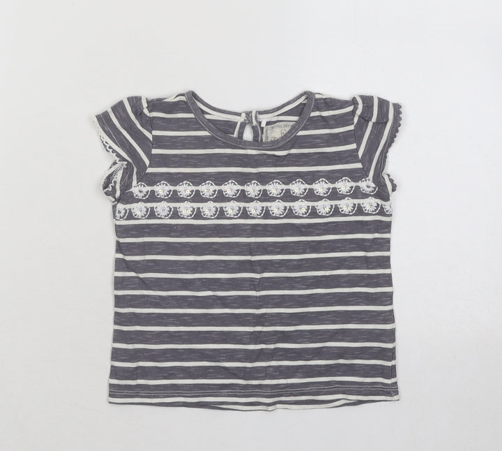 NEXT Girls Grey Striped Cotton Basic T-Shirt Size 9-12 Months Round Neck Button - Flowers