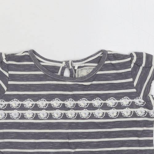 NEXT Girls Grey Striped Cotton Basic T-Shirt Size 9-12 Months Round Neck Button - Flowers
