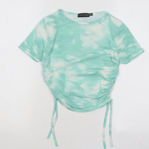 PRETTYLITTLETHING Womens Green Geometric Polyester Basic T-Shirt Size 6 Round Neck - Tie Dye Ruched