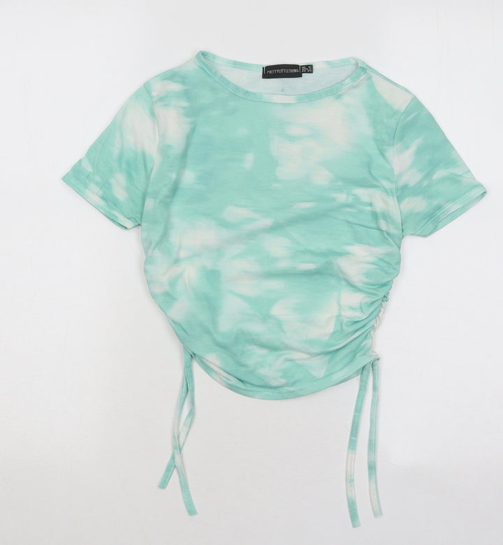 PRETTYLITTLETHING Womens Green Geometric Polyester Basic T-Shirt Size 6 Round Neck - Tie Dye Ruched