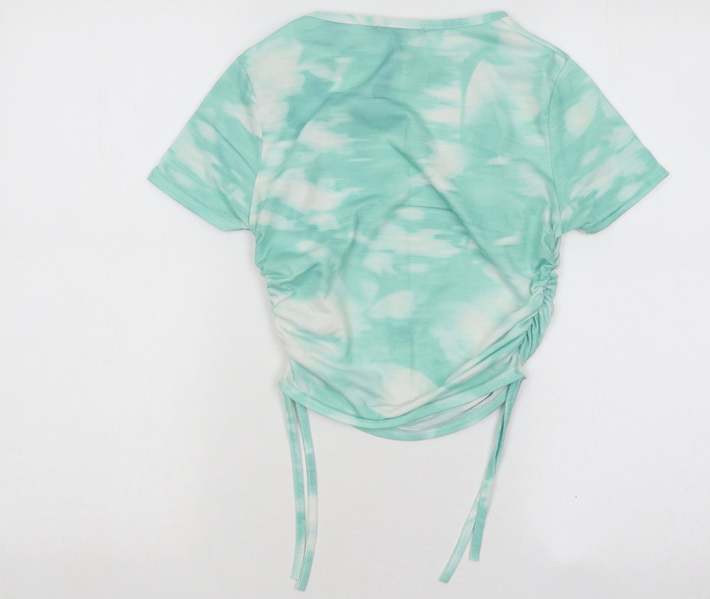 PRETTYLITTLETHING Womens Green Geometric Polyester Basic T-Shirt Size 6 Round Neck - Tie Dye Ruched
