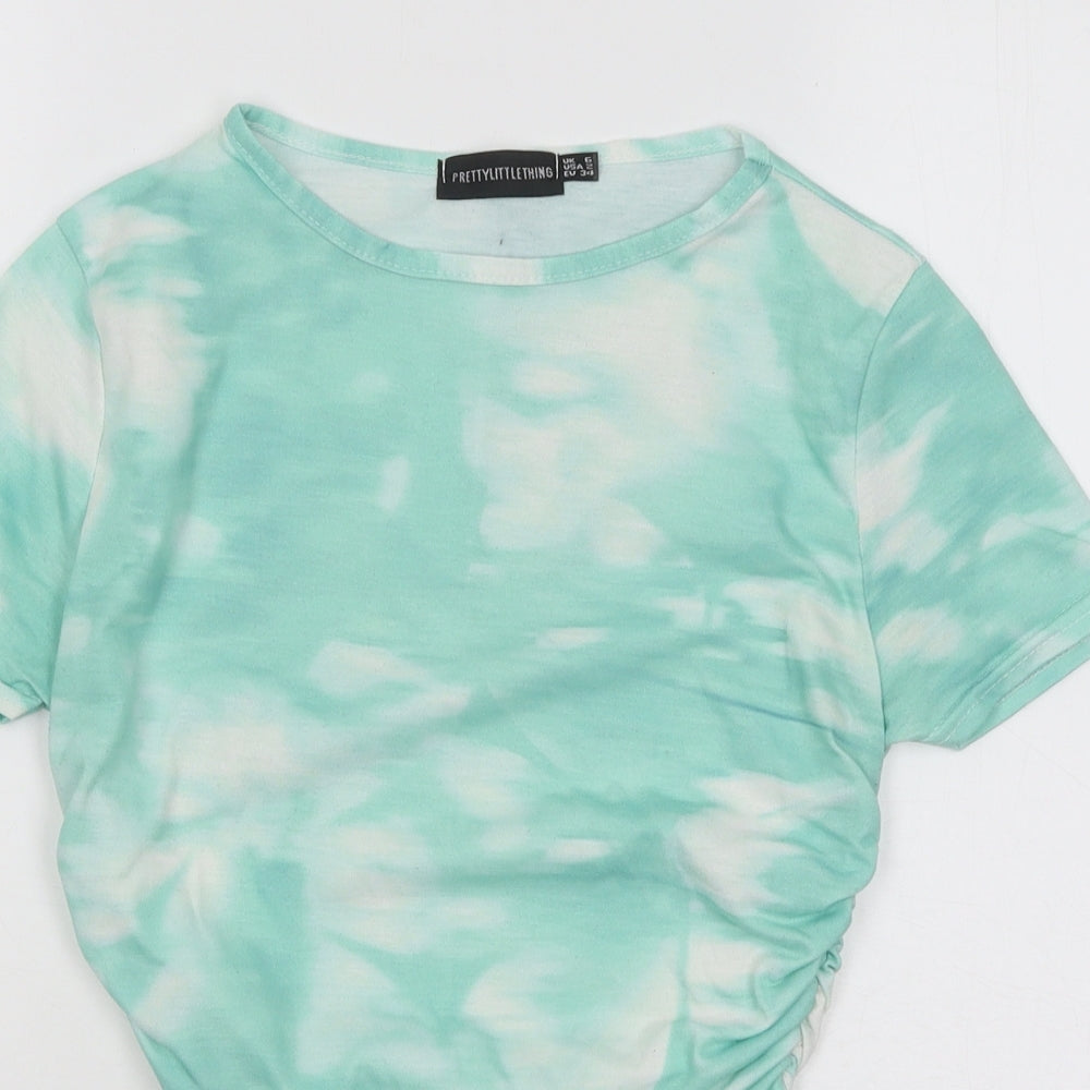 PRETTYLITTLETHING Womens Green Geometric Polyester Basic T-Shirt Size 6 Round Neck - Tie Dye Ruched