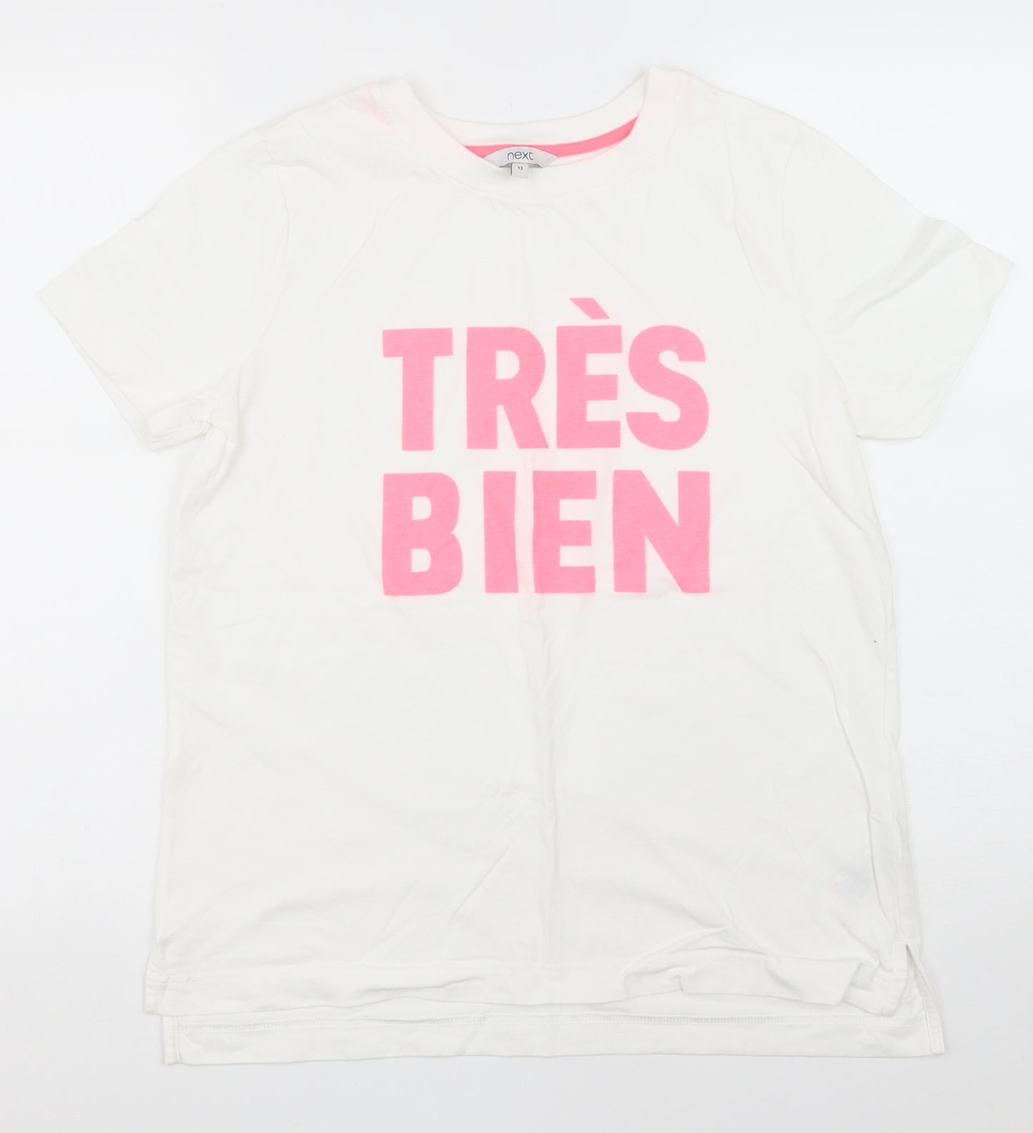 NEXT Womens White 100% Cotton Basic T-Shirt Size 12 Round Neck - Tres Bien