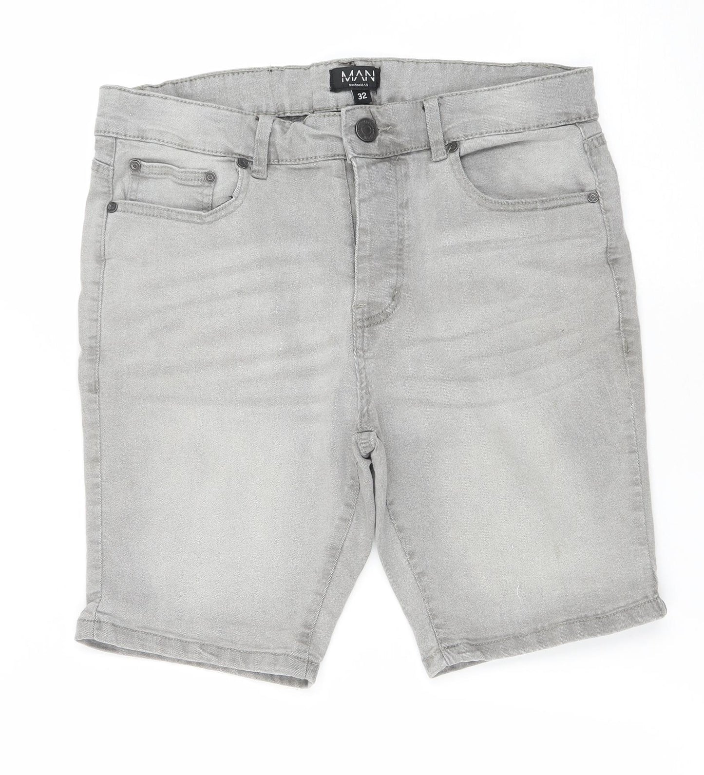 Boohoo Mens Grey Cotton Bermuda Shorts Size 32 Regular Button