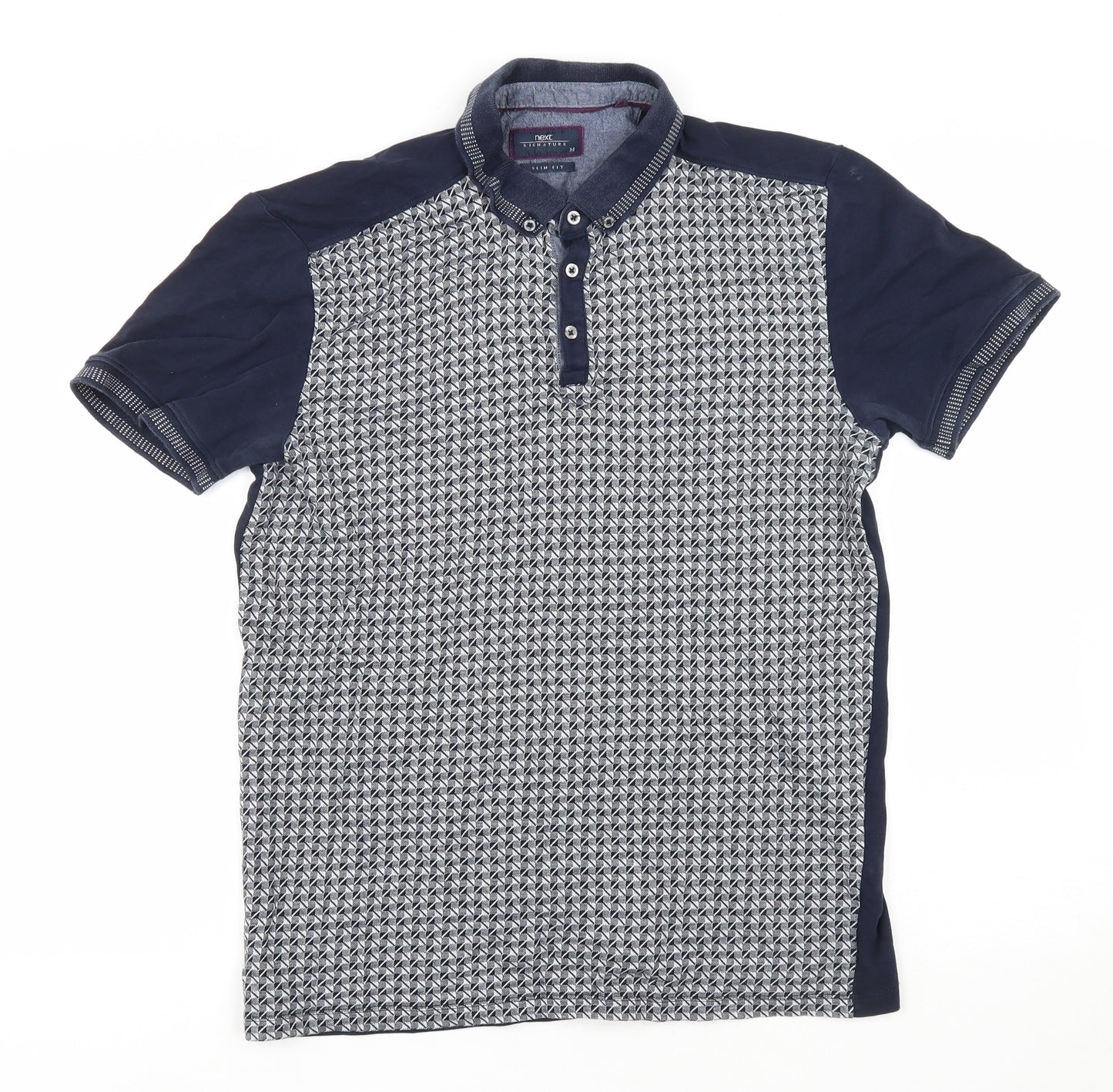 Next Signature Mens Black Check Cotton T-Shirt Size M Collared - Polo T-Shirt