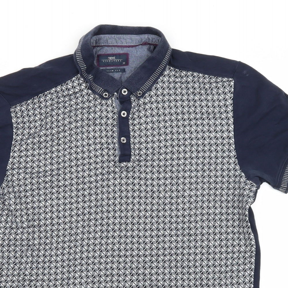 Next Signature Mens Black Check Cotton T-Shirt Size M Collared - Polo T-Shirt