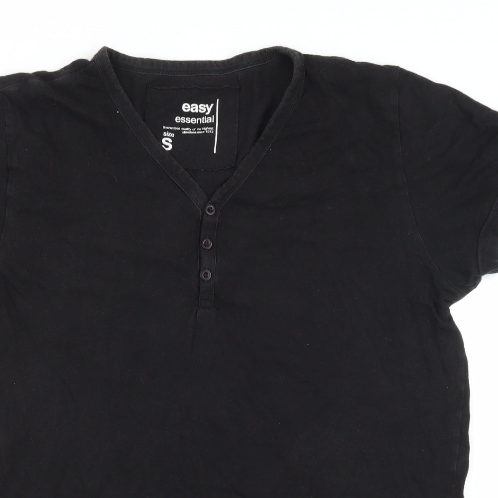 Easy Mens Black Cotton T-Shirt Size S V-Neck