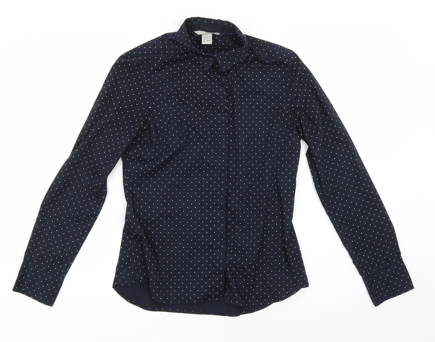 H&M Womens Blue Polka Dot Cotton Basic Button-Up Size XS Collared