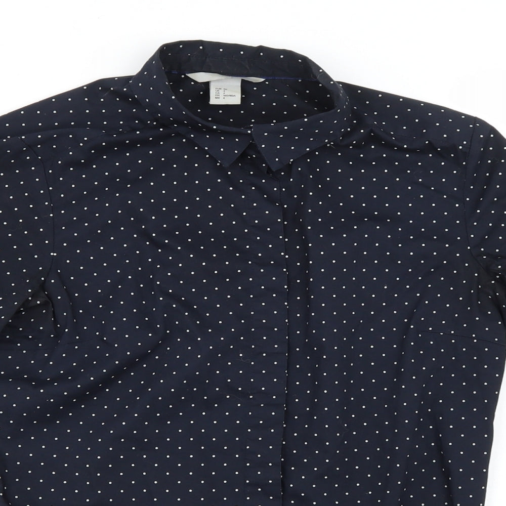 H&M Womens Blue Polka Dot Cotton Basic Button-Up Size XS Collared