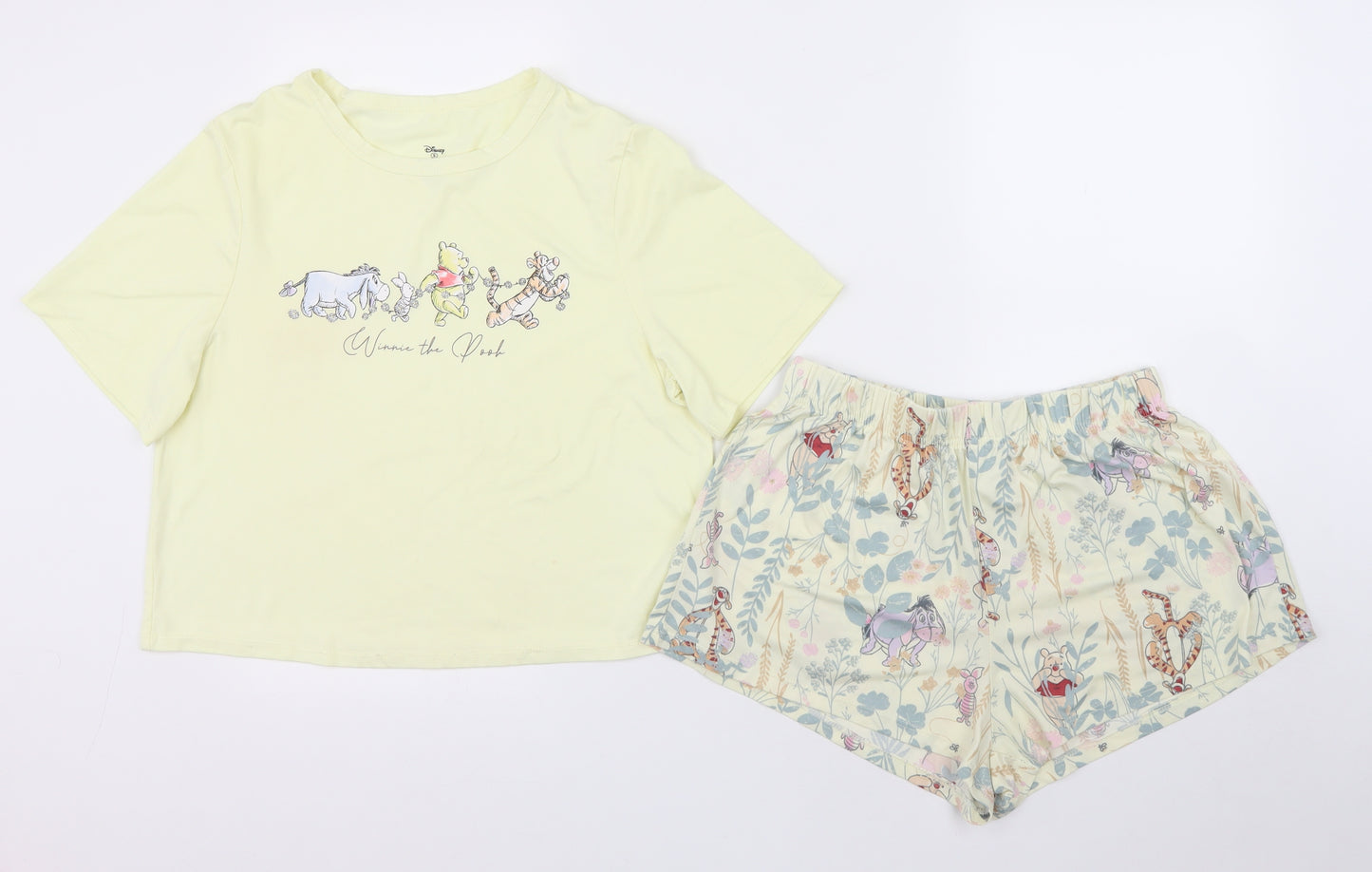 Primark Womens Yellow Geometric Polyester Top Pyjama Set Size 10 - Winnie The Pooh