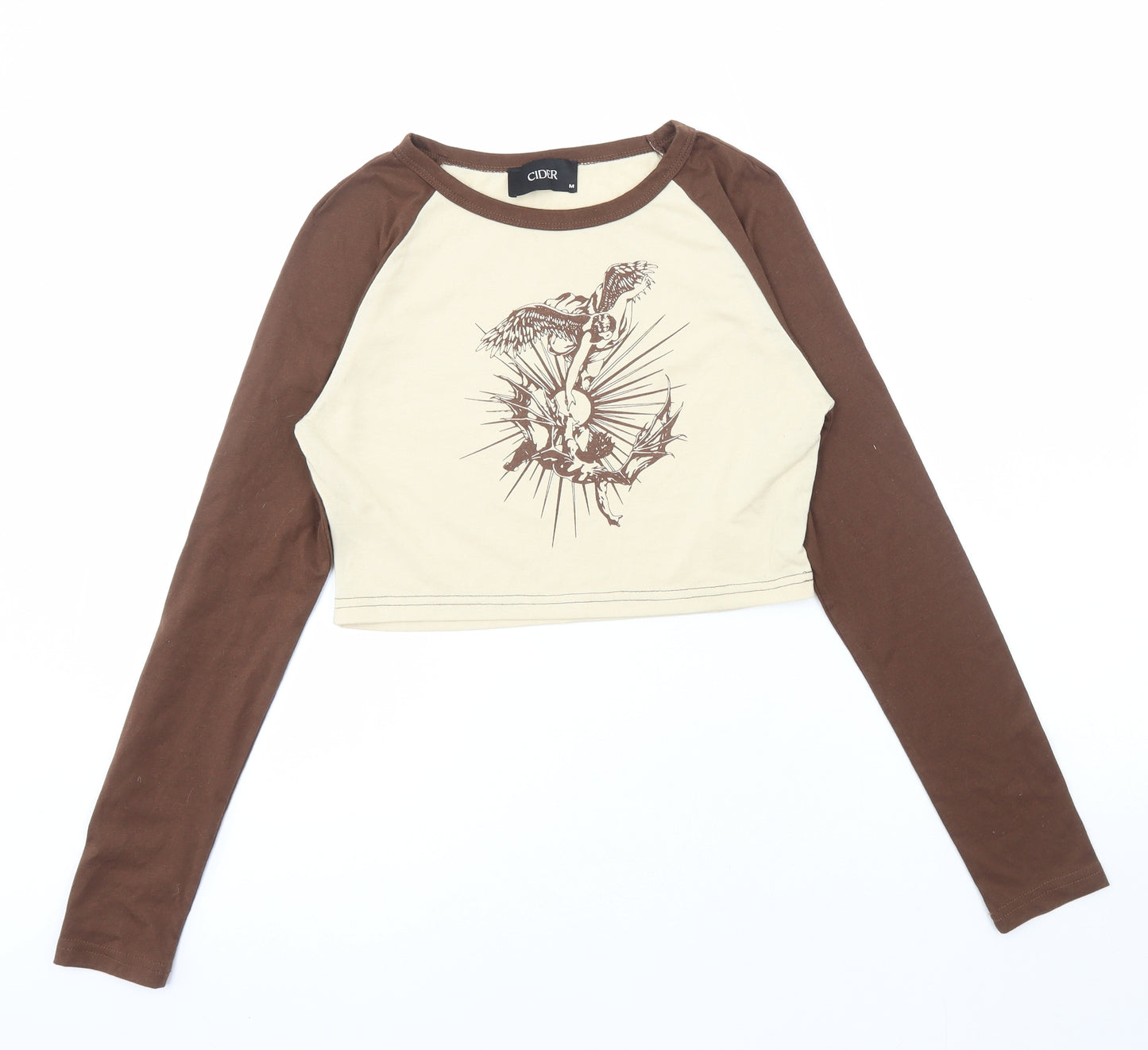 Cider Womens Beige Polyester Cropped T-Shirt Size M Round Neck - Fairy