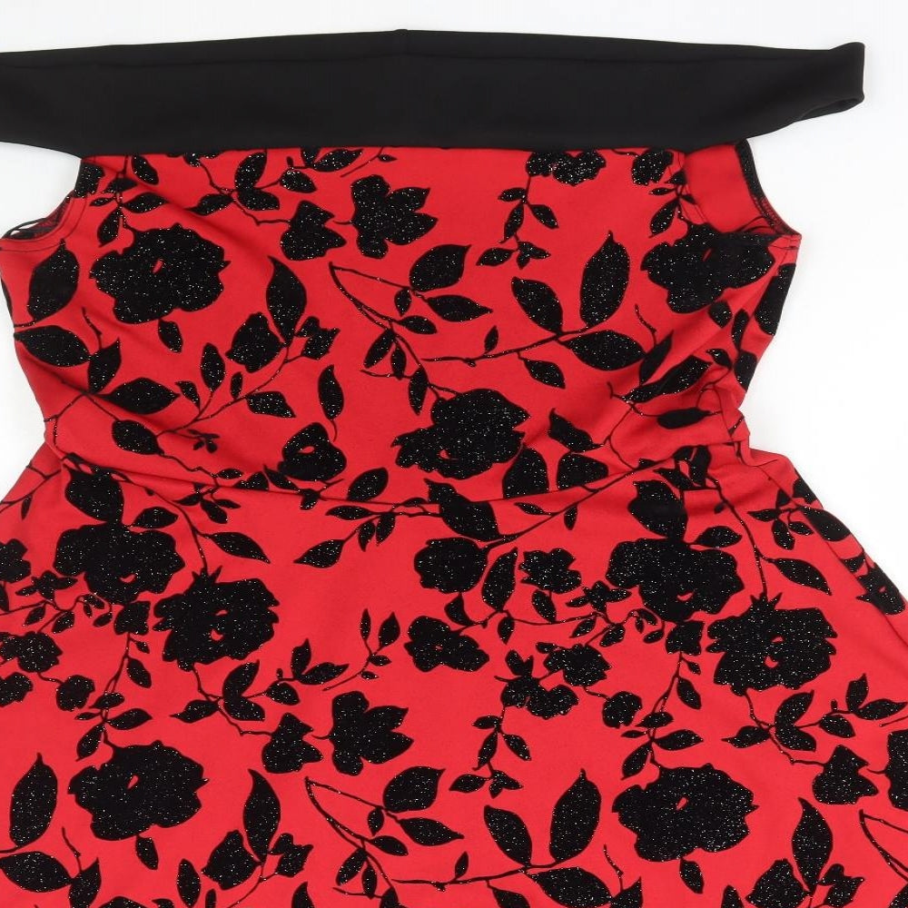 Quiz Womens Red Floral Polyester Fit & Flare Size 16 Off the Shoulder Pullover