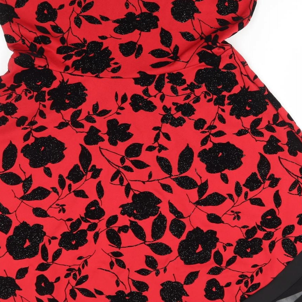 Quiz Womens Red Floral Polyester Fit & Flare Size 16 Off the Shoulder Pullover