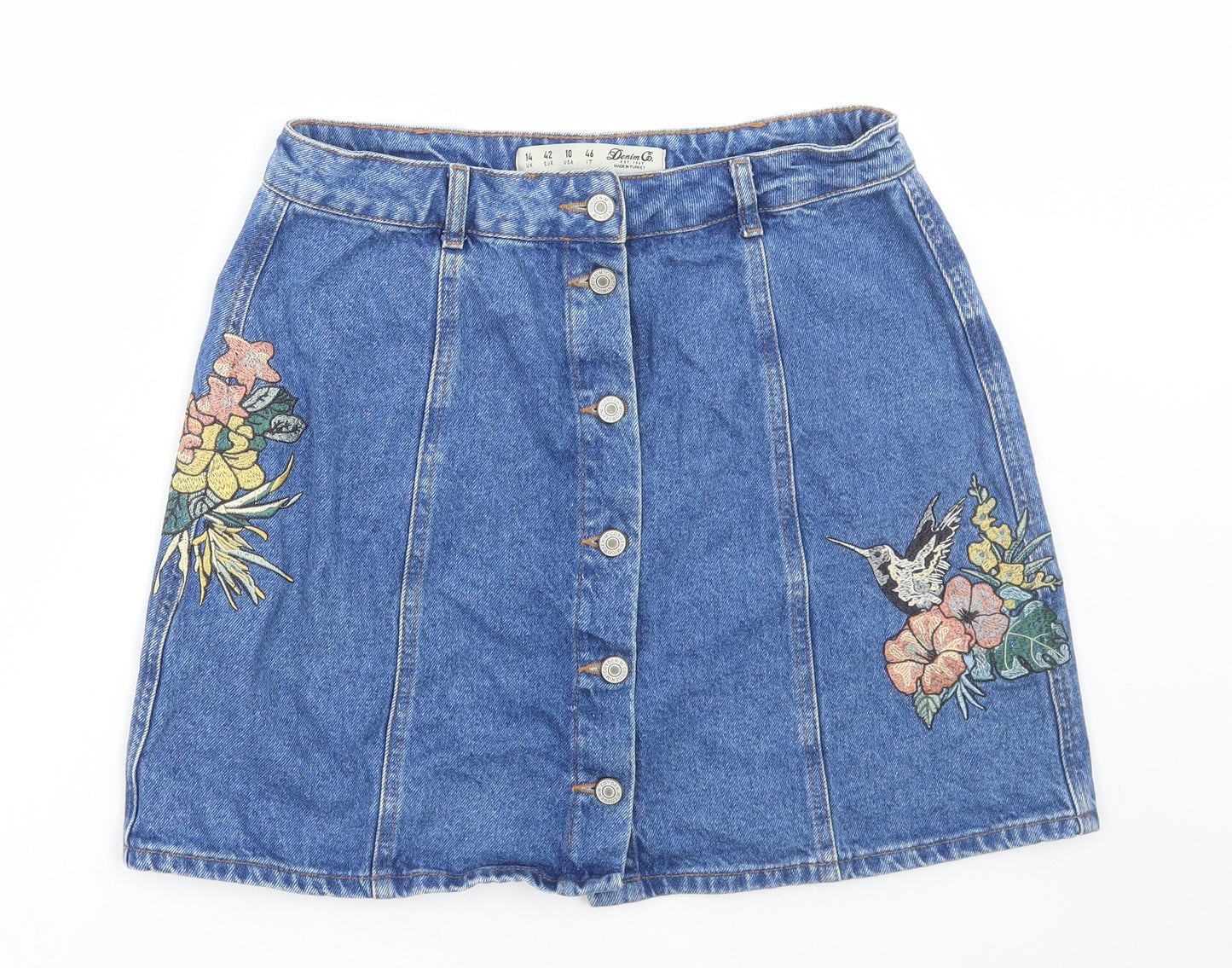 Denim & Co. Womens Blue Floral Cotton Mini Skirt Size 14 Button