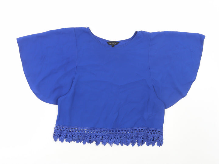 New Look Womens Blue Polyester Basic Blouse Size 6 Boat Neck - Lace Fringe
