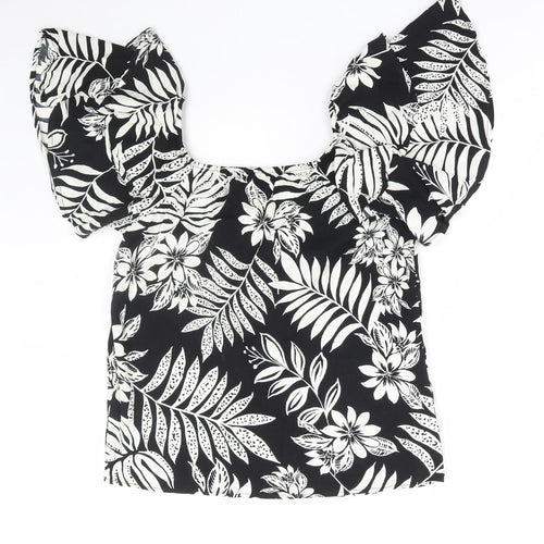 F&F Womens Black Floral Viscose Basic Blouse Size 8 Square Neck