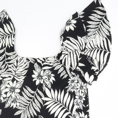 F&F Womens Black Floral Viscose Basic Blouse Size 8 Square Neck