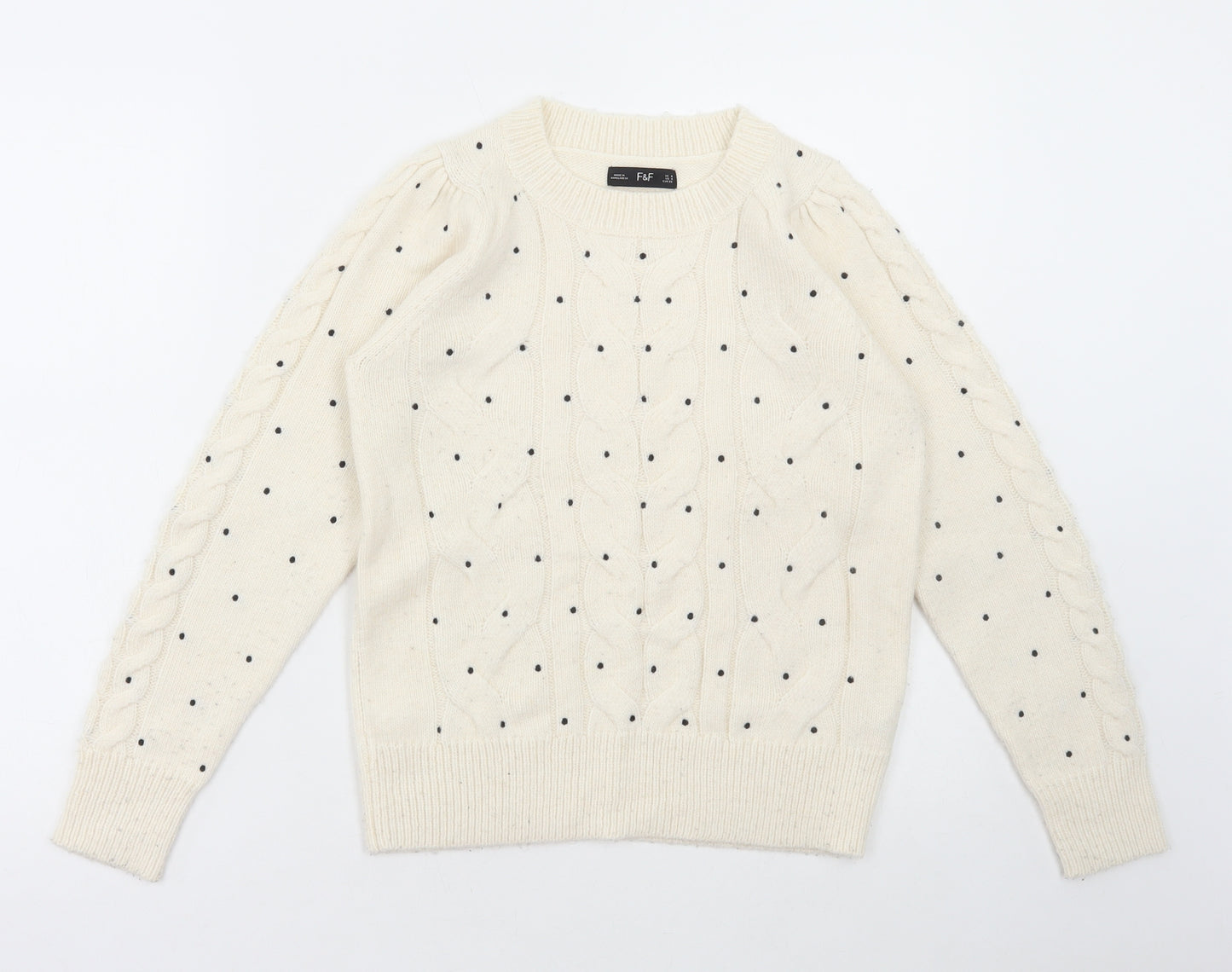 F&F Womens White Round Neck Polka Dot Acrylic Pullover Jumper Size 8