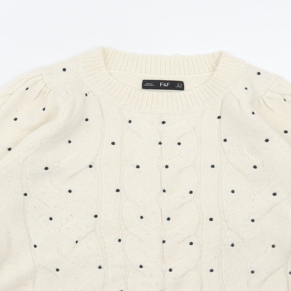 F&F Womens White Round Neck Polka Dot Acrylic Pullover Jumper Size 8